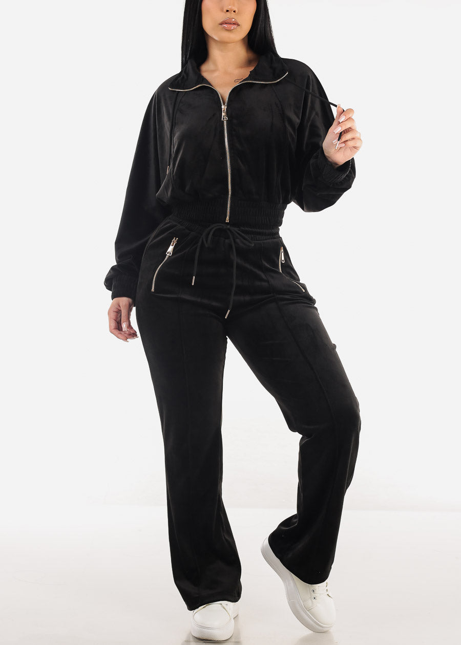 Black Zip Up Velvet Tracksuit (2 PCE SET)