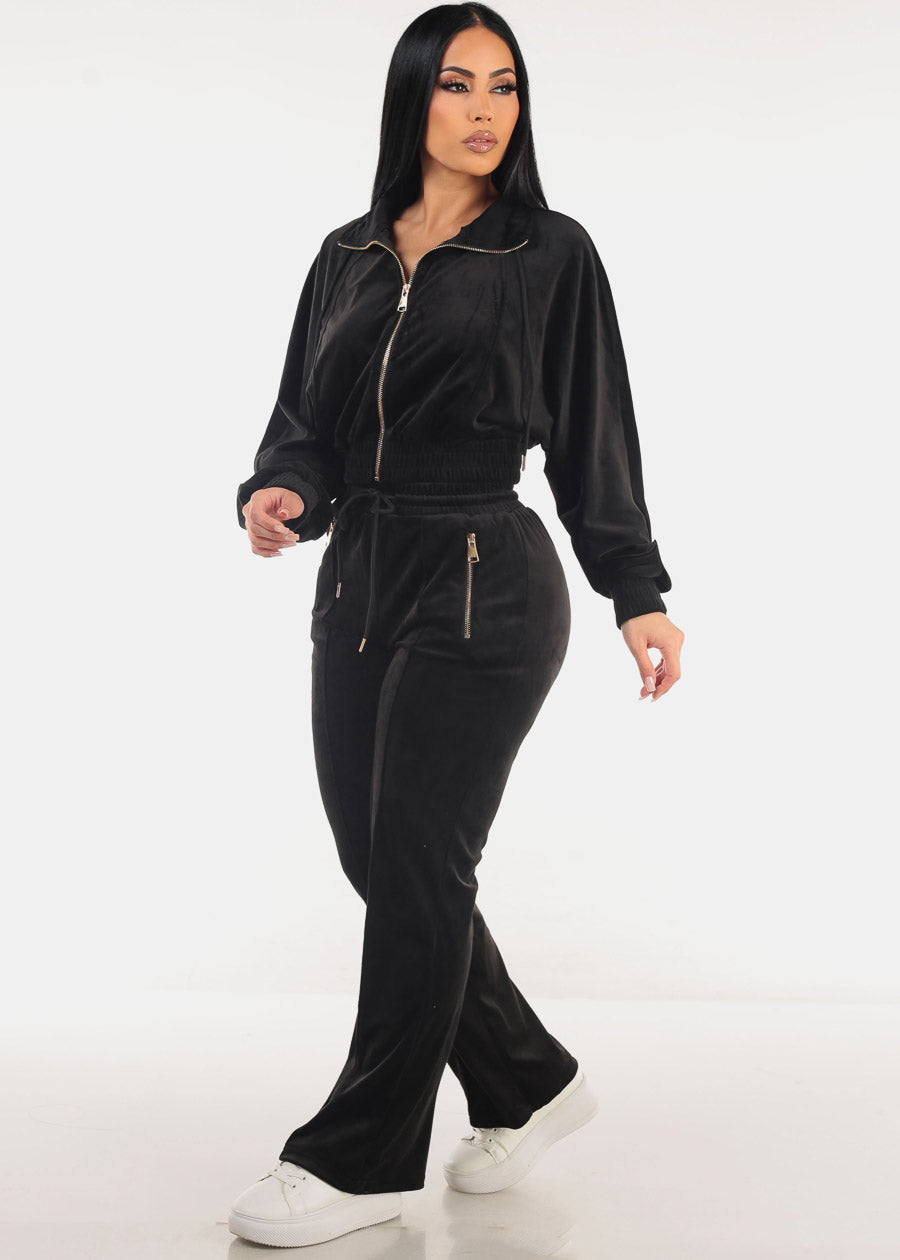 Black Zip Up Velvet Tracksuit (2 PCE SET)