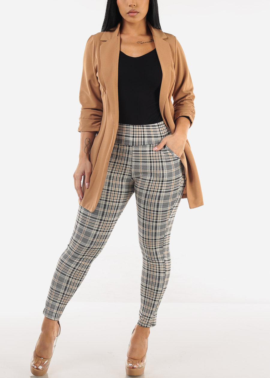 Butt Lift Super High Waist Plaid Skinny Ankle Pants Beige