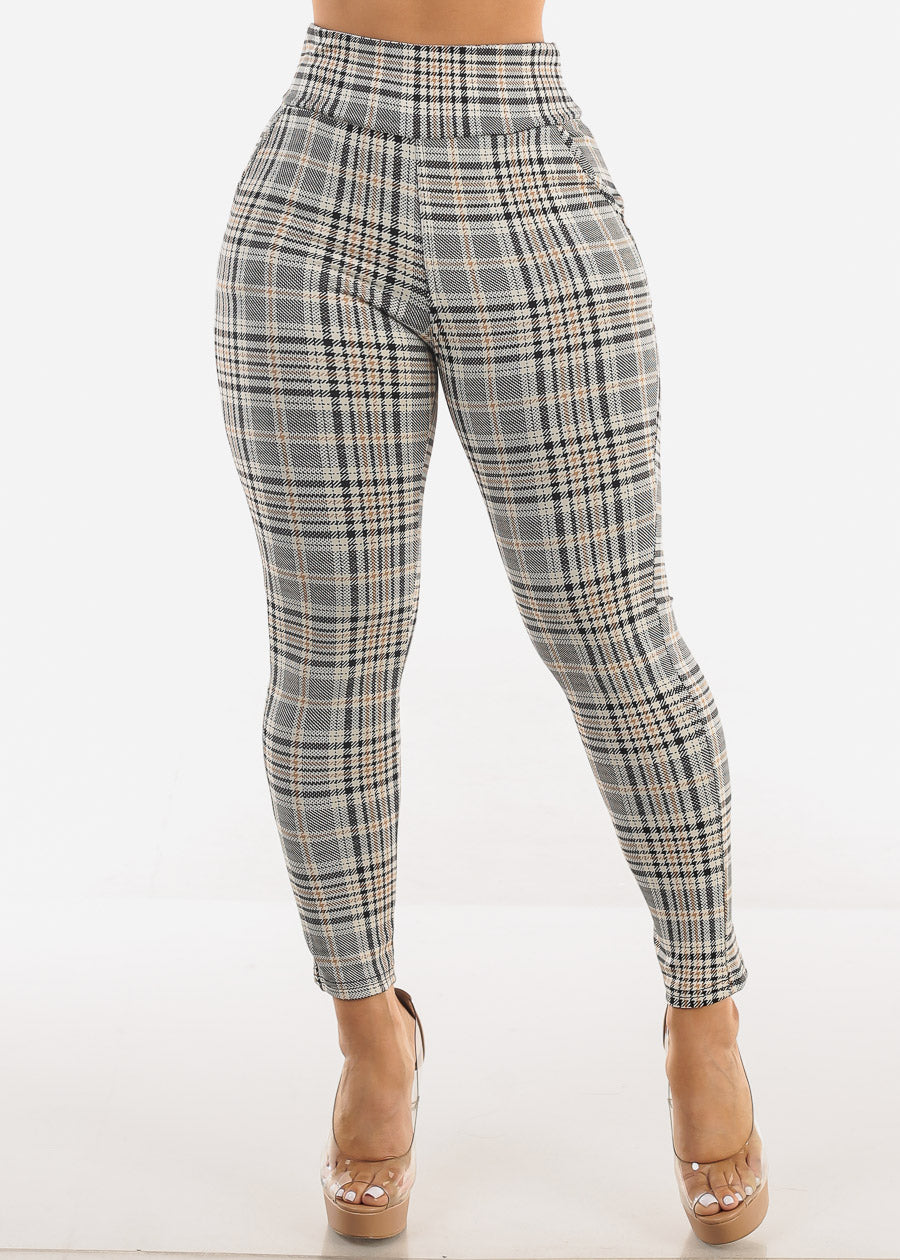 Butt Lift Super High Waist Plaid Skinny Ankle Pants Beige