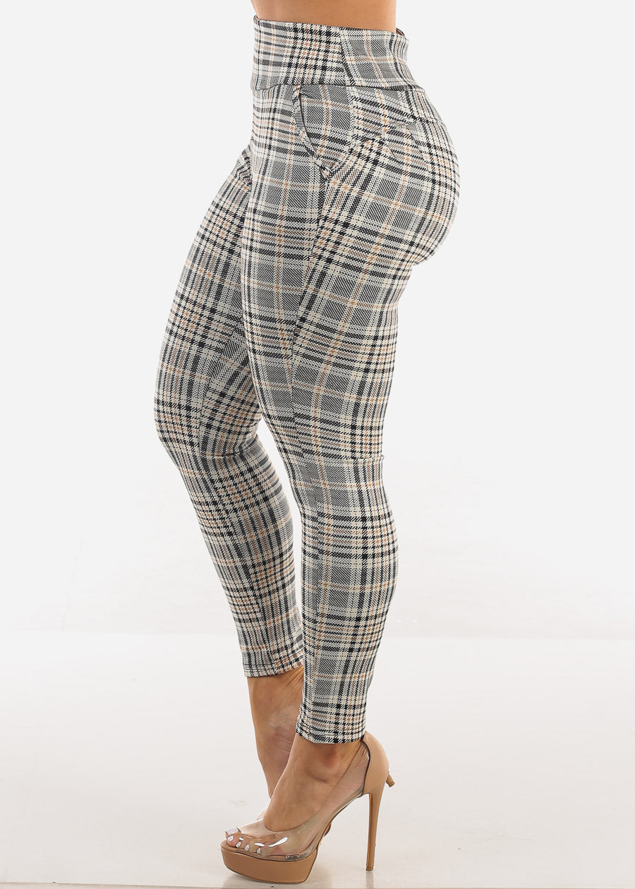 Butt Lift Super High Waist Plaid Skinny Ankle Pants Beige