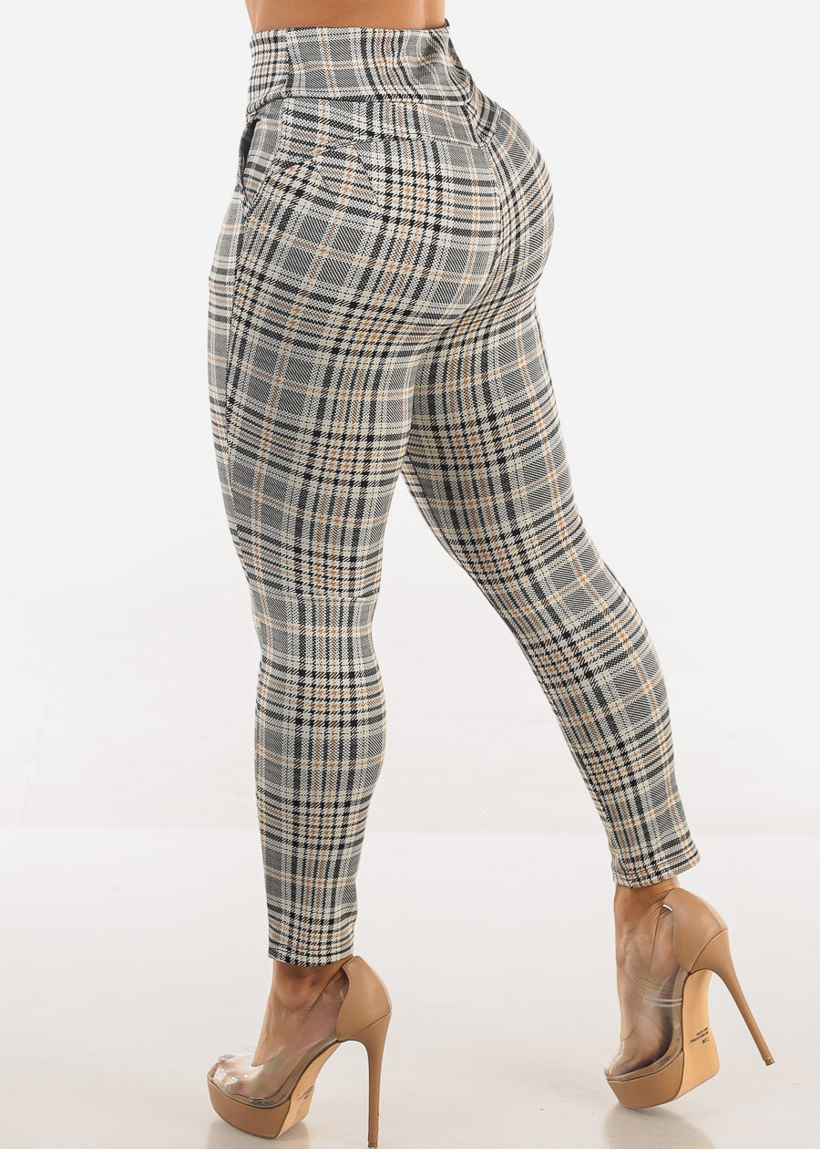 Butt Lift Super High Waist Plaid Skinny Ankle Pants Beige