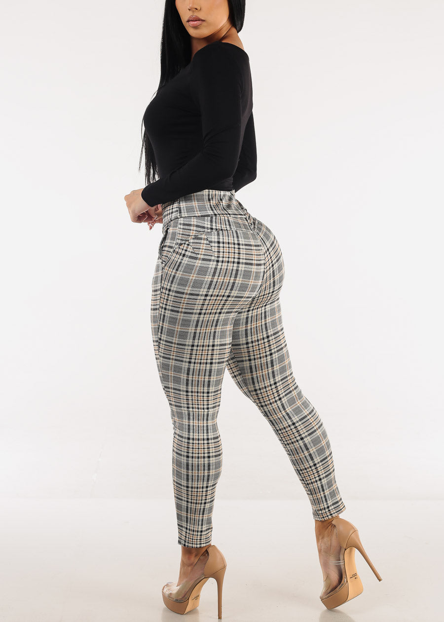 Butt Lift Super High Waist Plaid Skinny Ankle Pants Beige