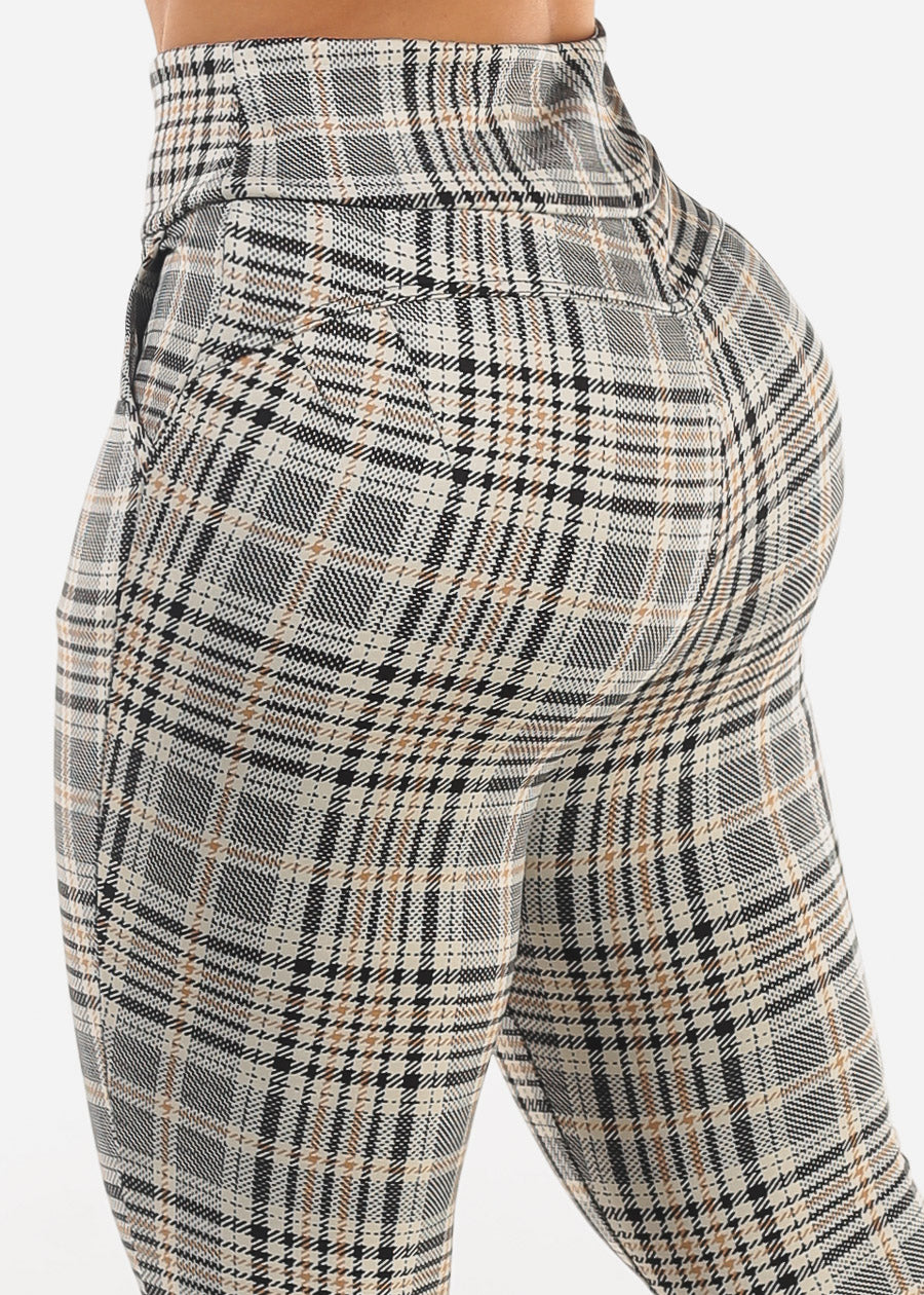 Butt Lift Super High Waist Plaid Skinny Ankle Pants Beige