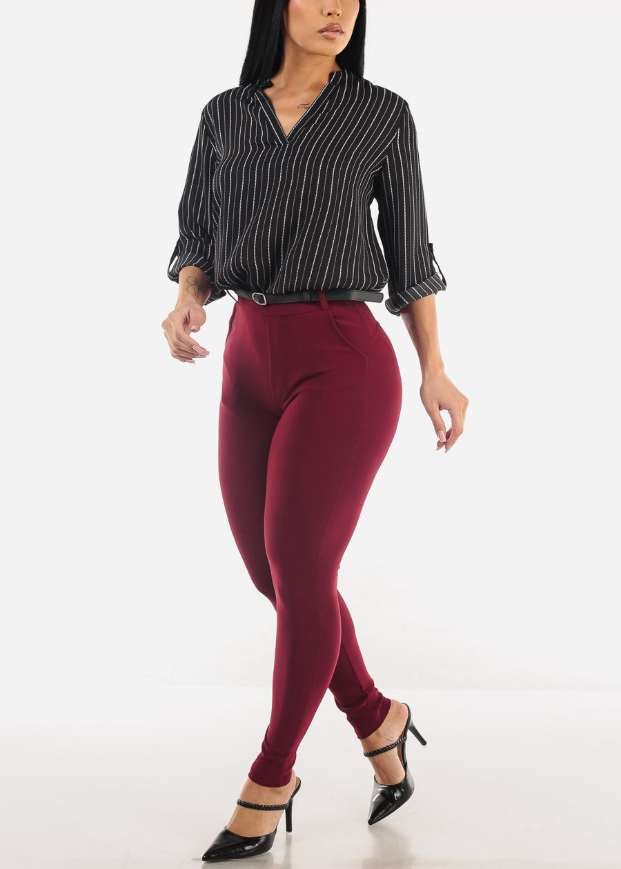 Butt Lift High Waist Skinny Ankle Pants Burgundy w Belt