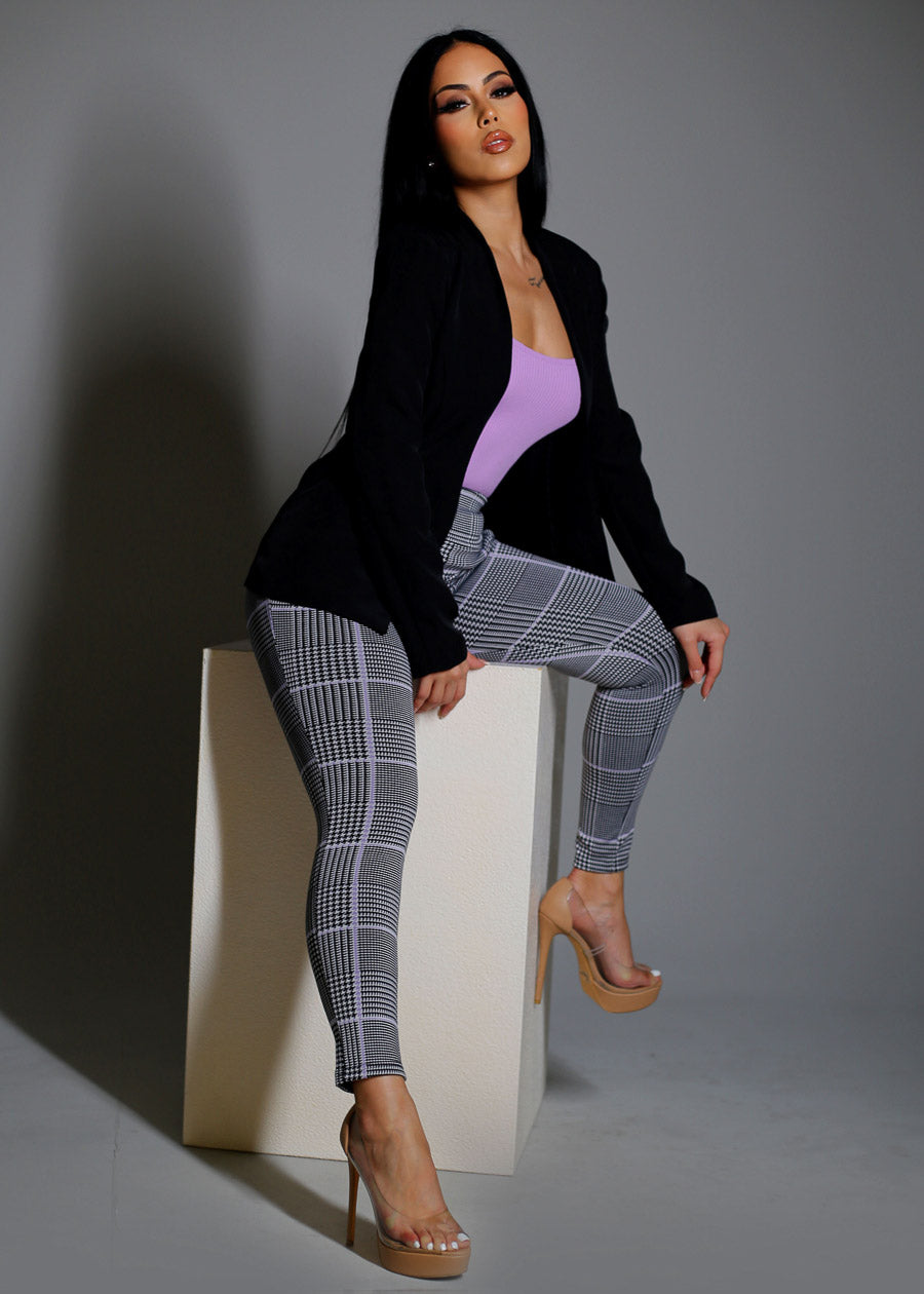 High Rise Butt Lift Plaid Skinny Pants Lilac