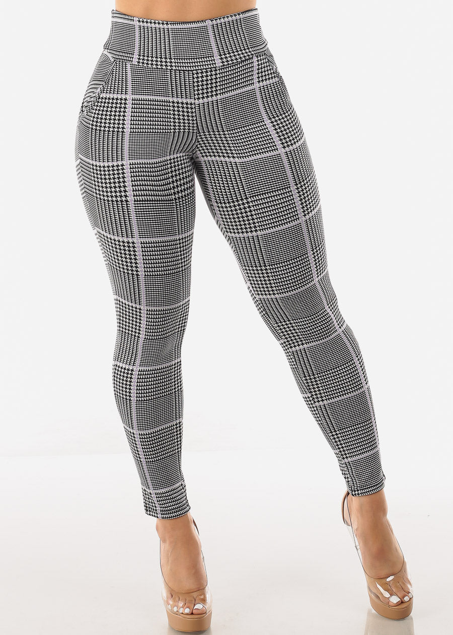 High Rise Butt Lift Plaid Skinny Pants Lilac