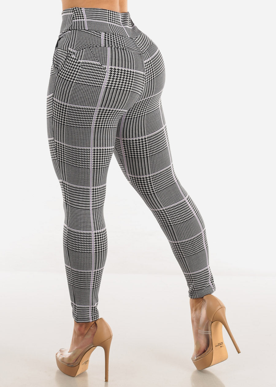 High Rise Butt Lift Plaid Skinny Pants Lilac