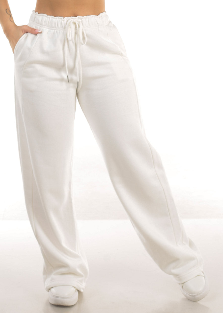 Elastic Waistband Wide Leg Sweatpants White