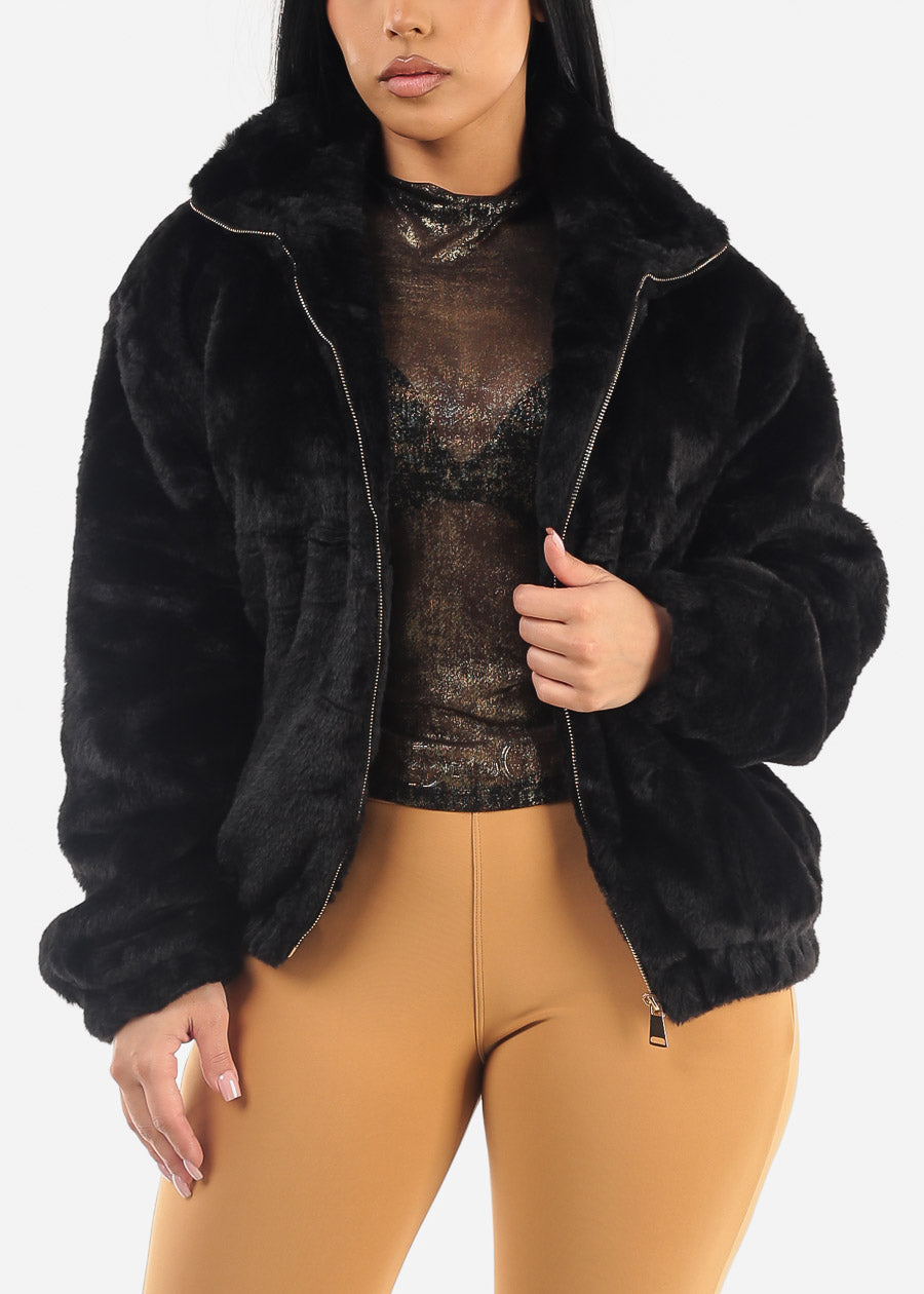 Black Long Sleeve Zip Up Faux Fur Collared Jacket