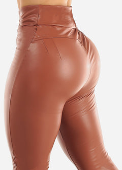 Butt Lift Vegan Leather Flared Bootcut Pants Brown