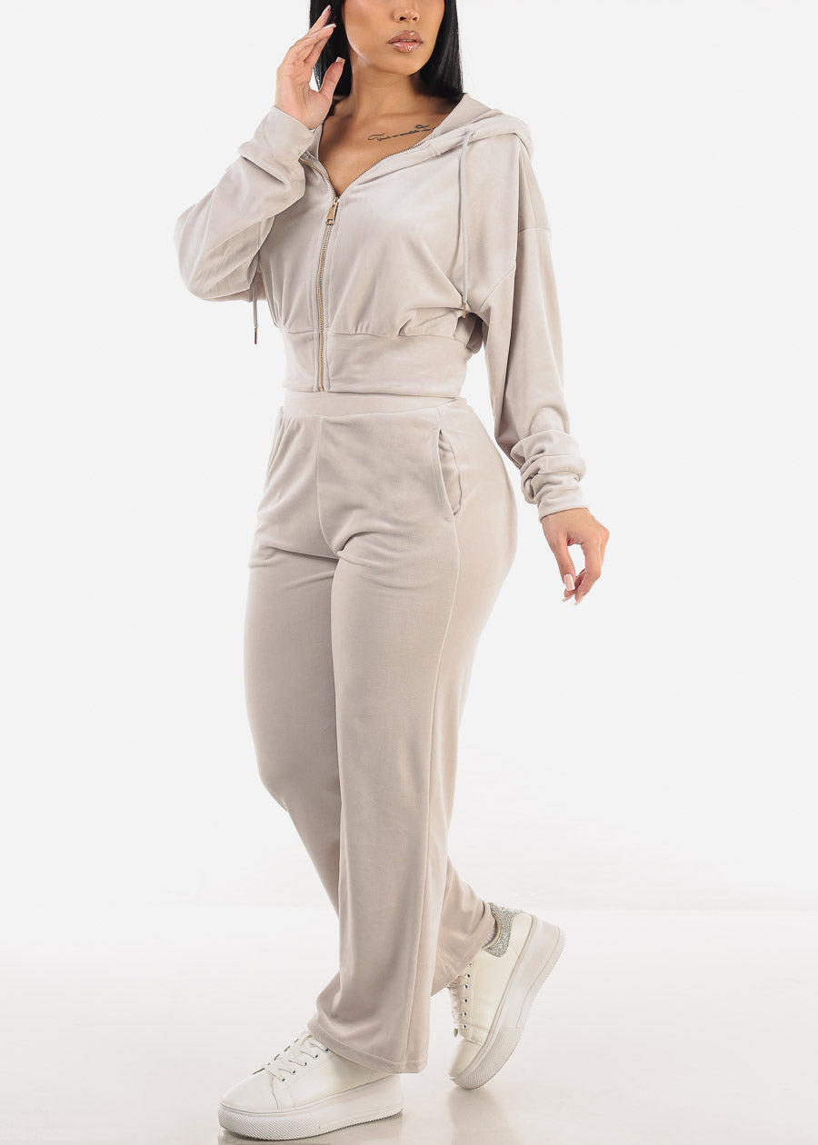 Hooded Zip Up Velvet Tracksuit Beige (2 PCE SET)