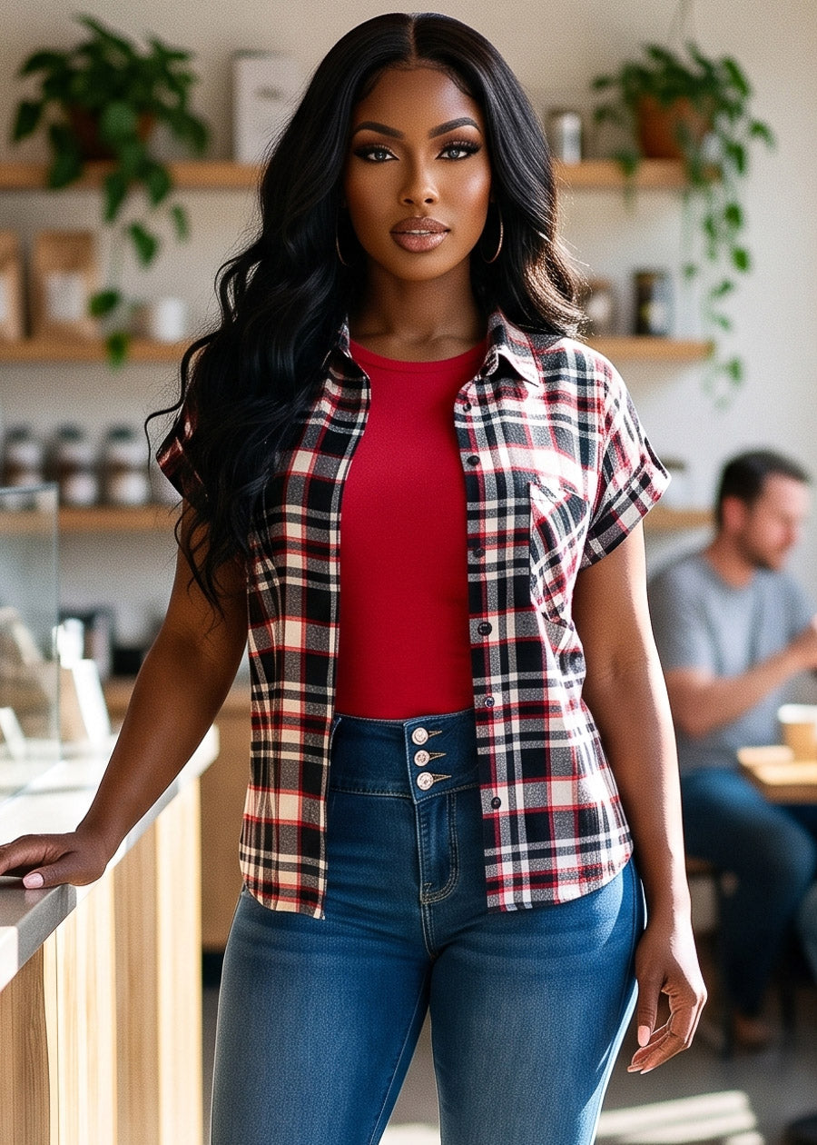 Short Sleeve Button Up Stretch Plaid Blouse Black, view 1 of 7