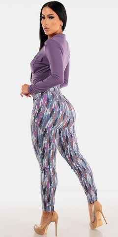 Super High Waisted Multicolor Printed Skinny Pants with Purple Long Sleeve Surplice Collared Blouse