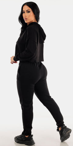 Black High Rise Jogger Pants with Black Long Sleeve Fleece Cropped Hoodie