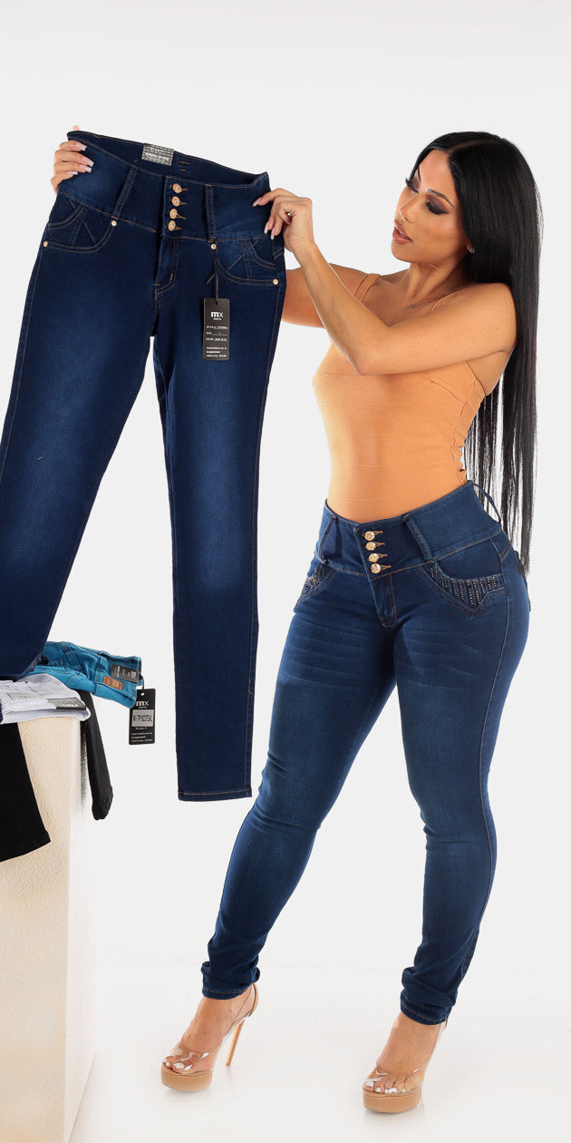Mid Rise Butt Lifting Dark Wash Skinny Jeans with Khaki Sleeveless Bandage Bodysuit