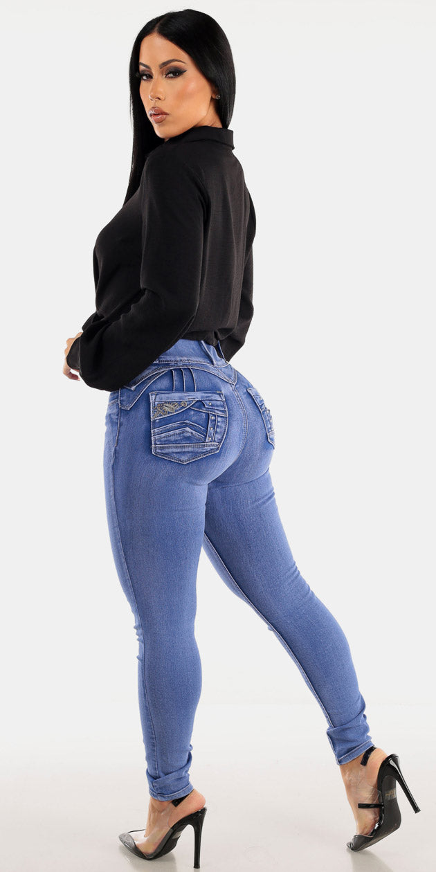 Super High Waisted Blue Butt Lifting Skinny Jeans with Button Up Long Sleeve Black Shirt