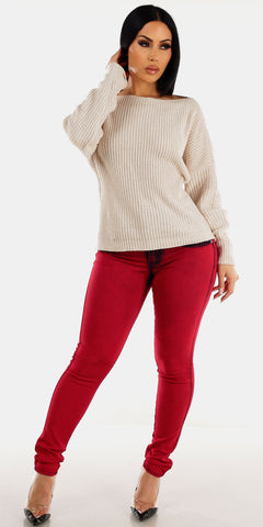 Red Knit Sweater Denim Combo