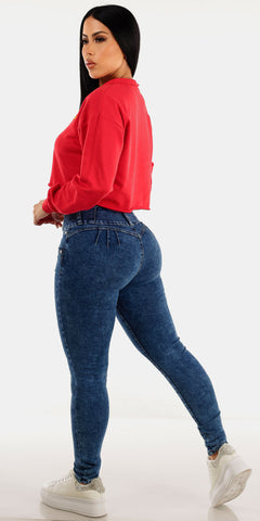 Red Cropped Butt Lift Denim Outfit