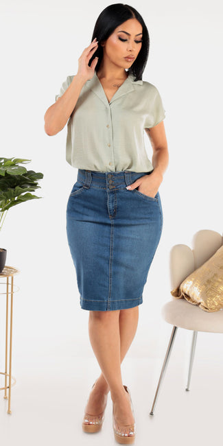 Collared Butt Lift Denim Pencil Outfit