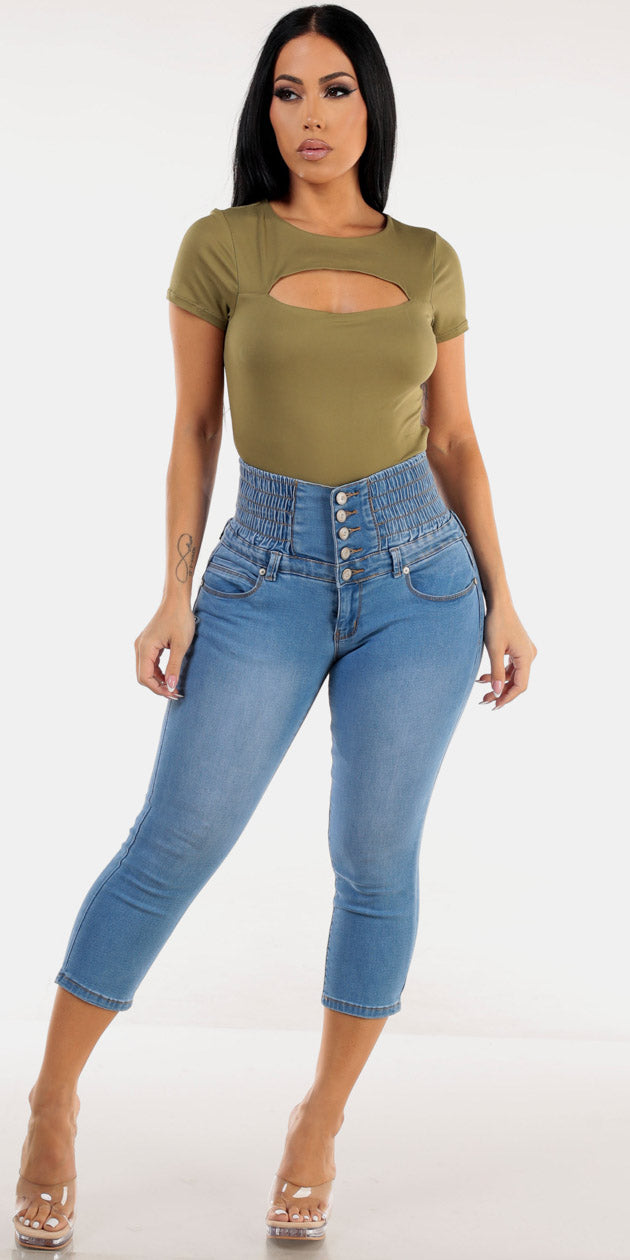 Olive Butt Lift Stretch Denim Look