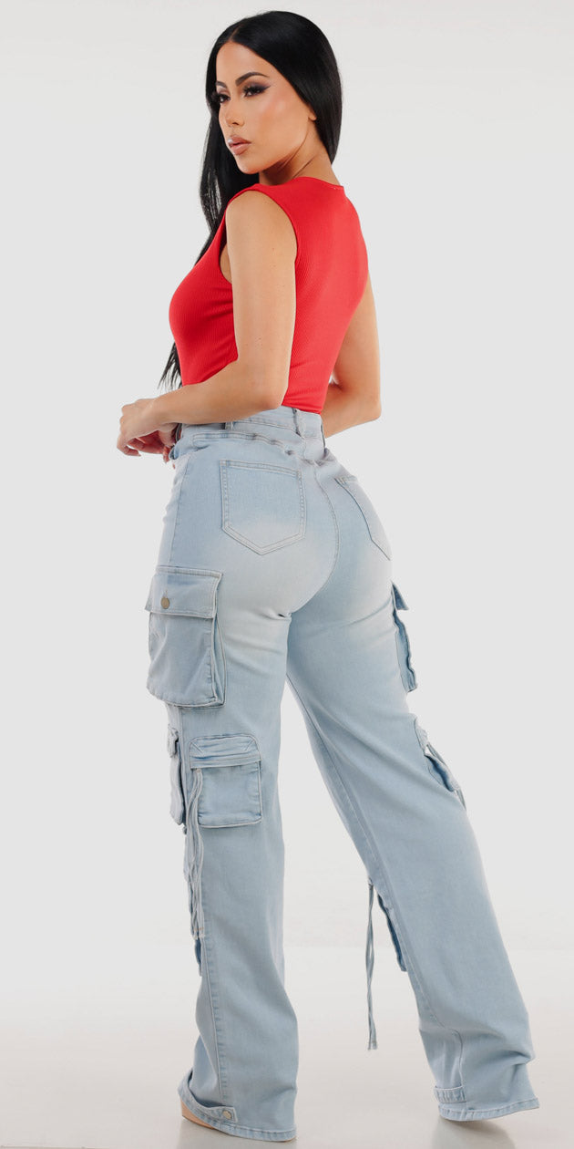 Red Stretchy Denim Cargo Look