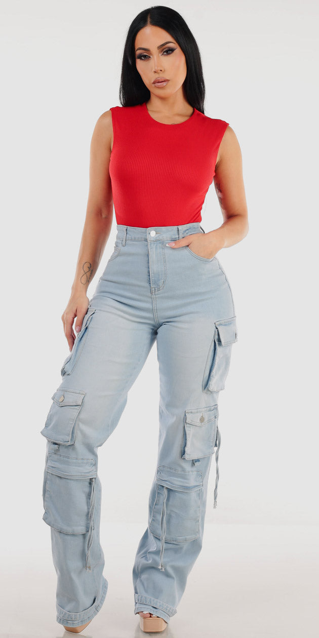 Red Stretchy Denim Cargo Look