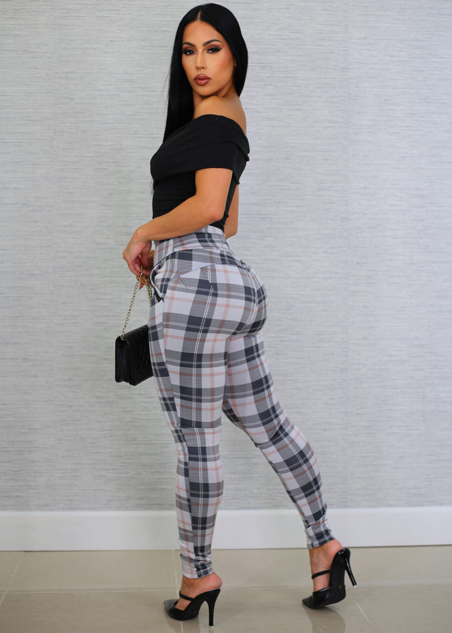 High Waisted Butt Lifting White Plaid Skinny Pants