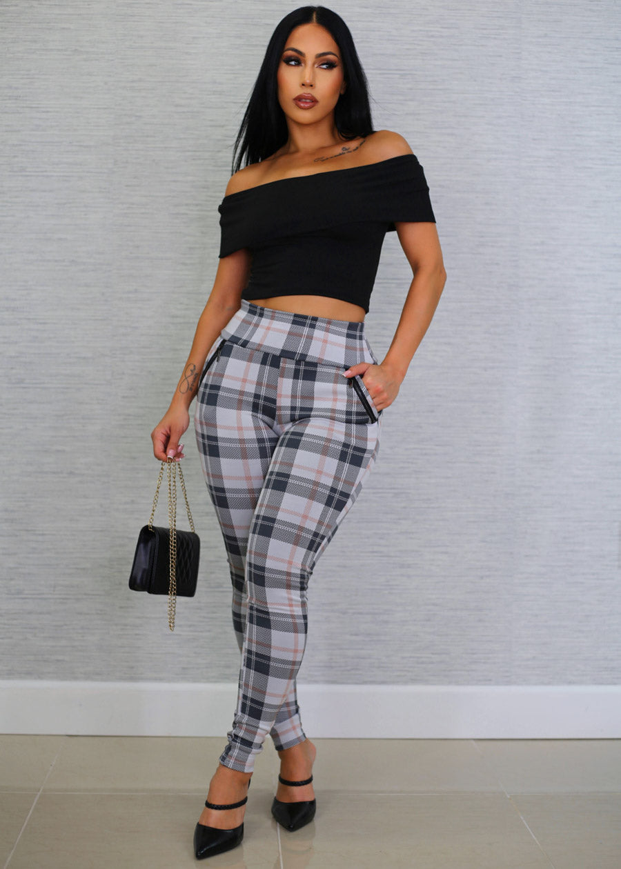 High Waisted Butt Lifting White Plaid Skinny Pants