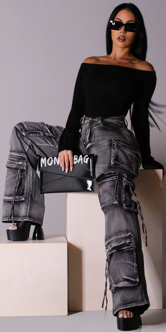 Black Cargo Denim Set