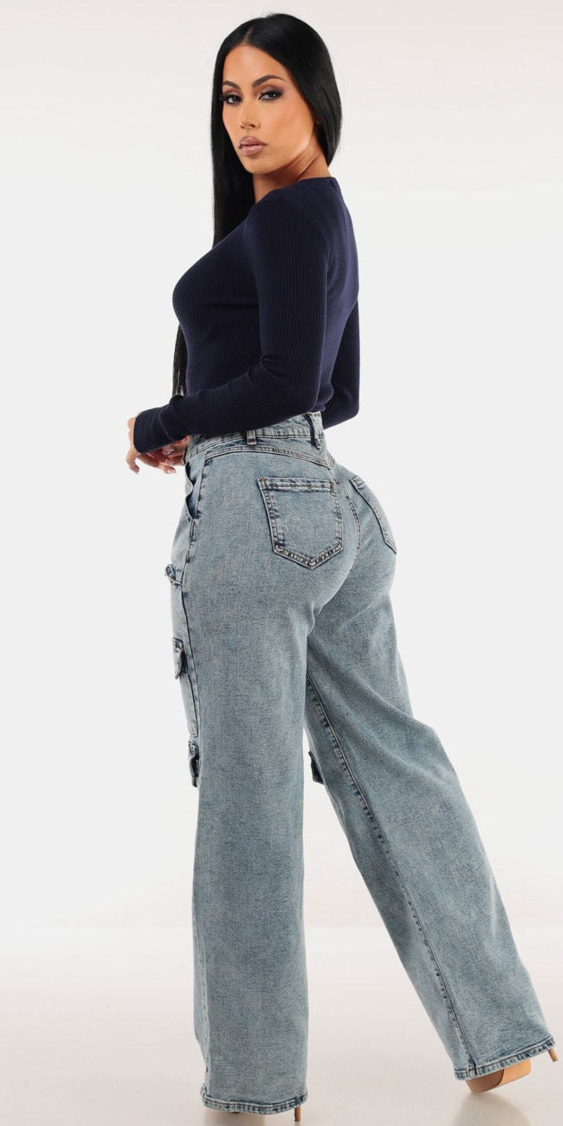 Navy Acid Wash Denim Look