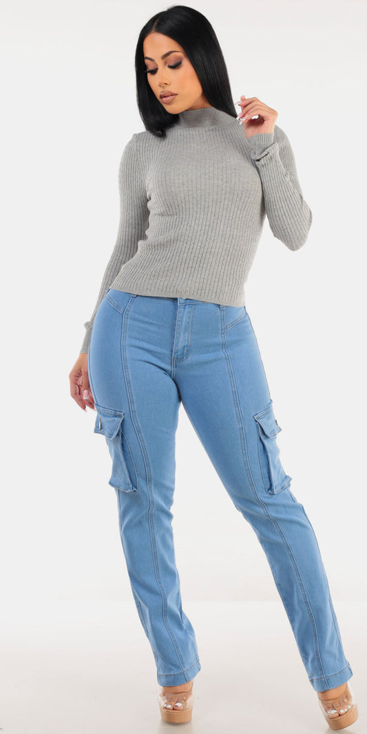 Grey Butt Lift Denim Cargo Outfit