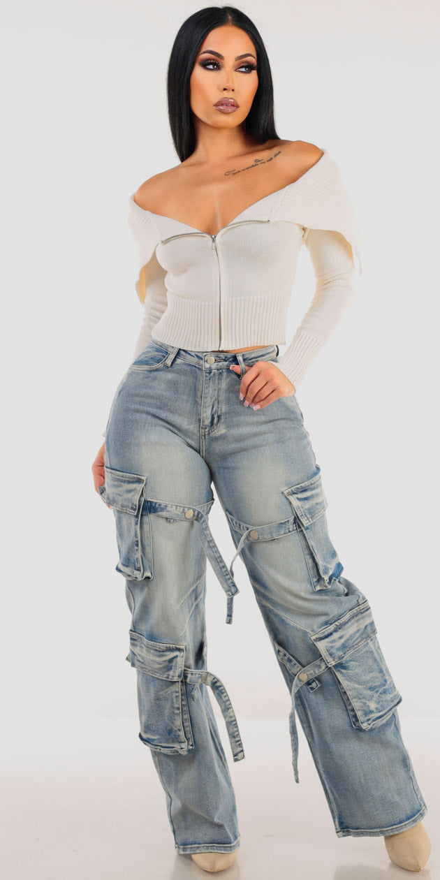 Off Shoulder Cargo Denim Set