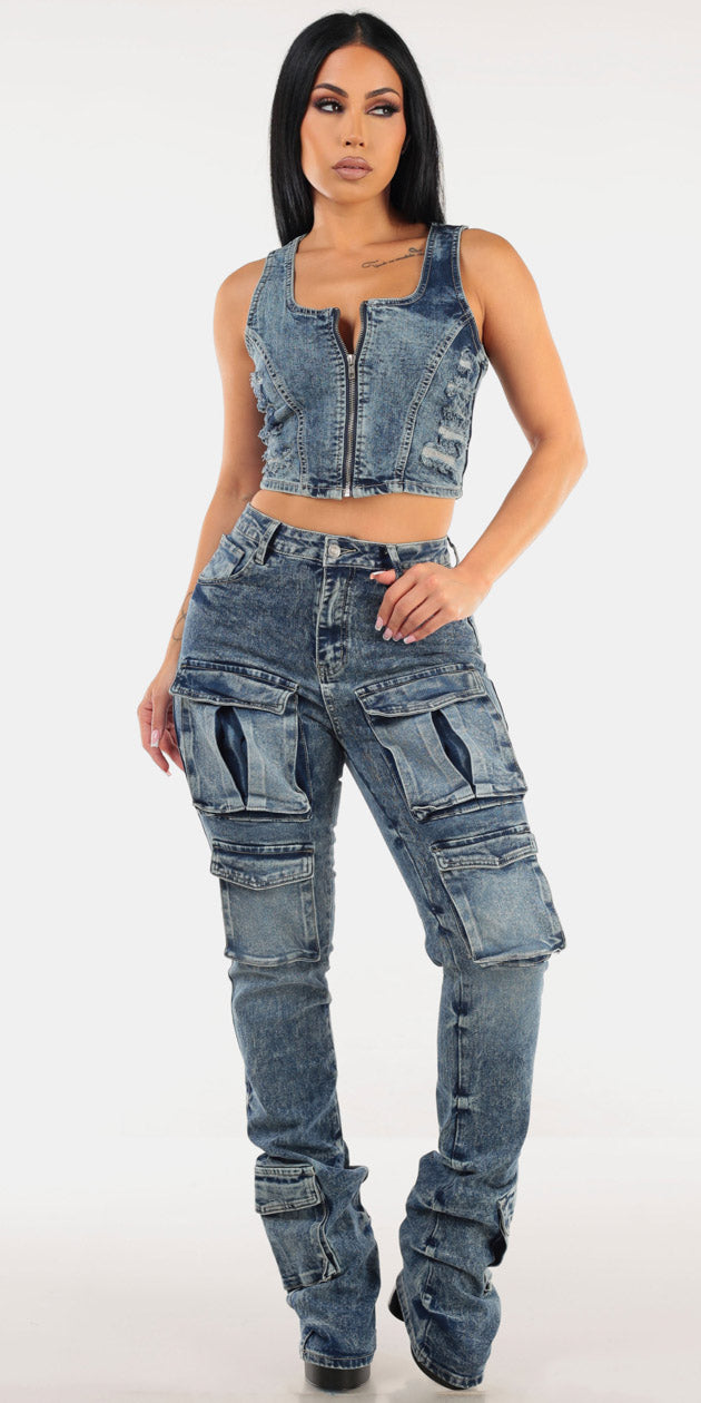 Denim Vest Cargo Denim Look