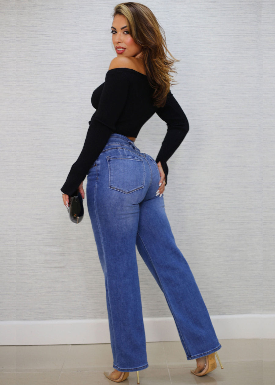 Butt Lift Straight Wide Leg Stretch Jeans Med Dark Blue