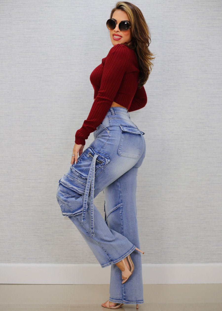 High Waist Straight Wide Leg Stretch Cargo Jeans Acid Wash