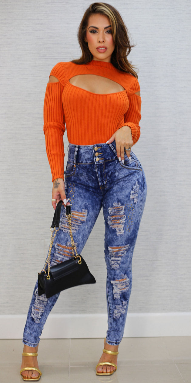 Orange Torn Butt Lift Denim Set