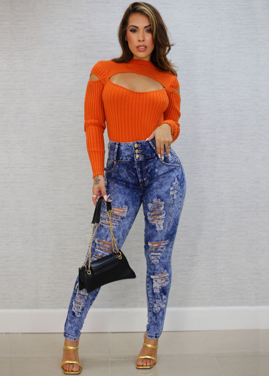 Mock Neck Stretchy Knit Cut Out Light Sweater Orange