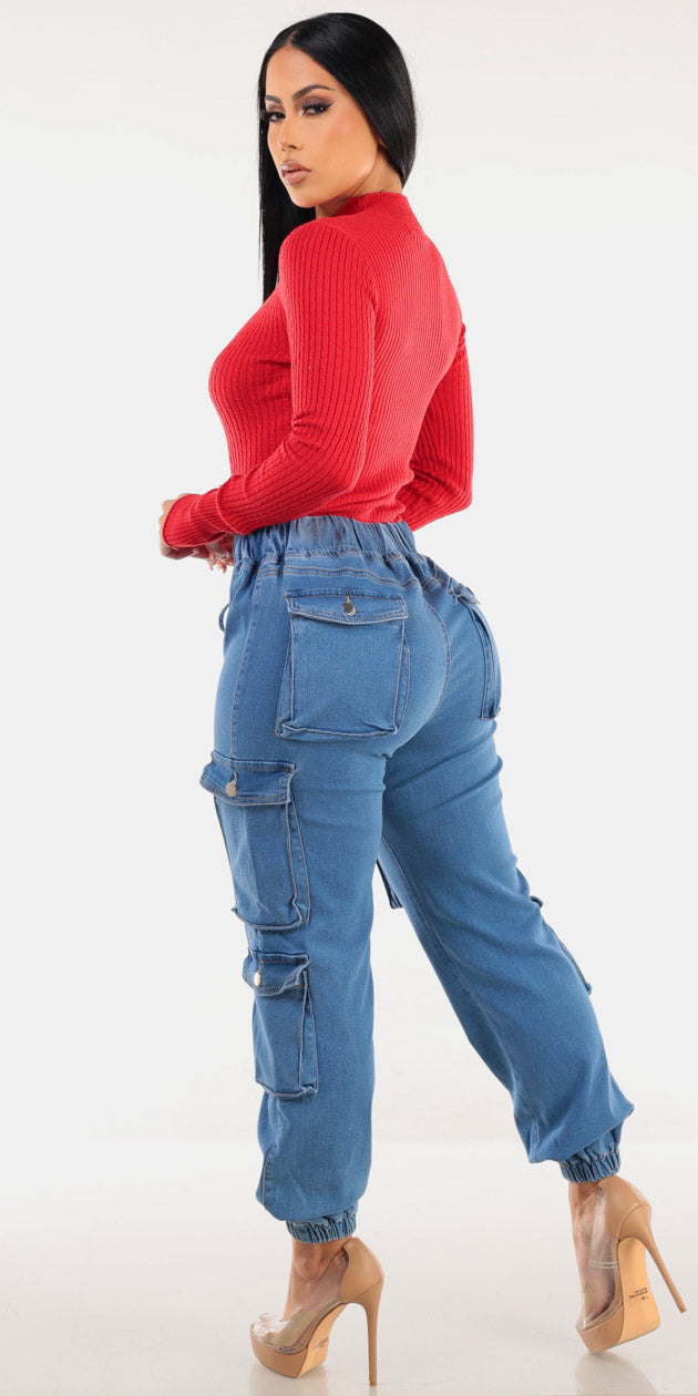 Fitted Red Cargo Denim Look