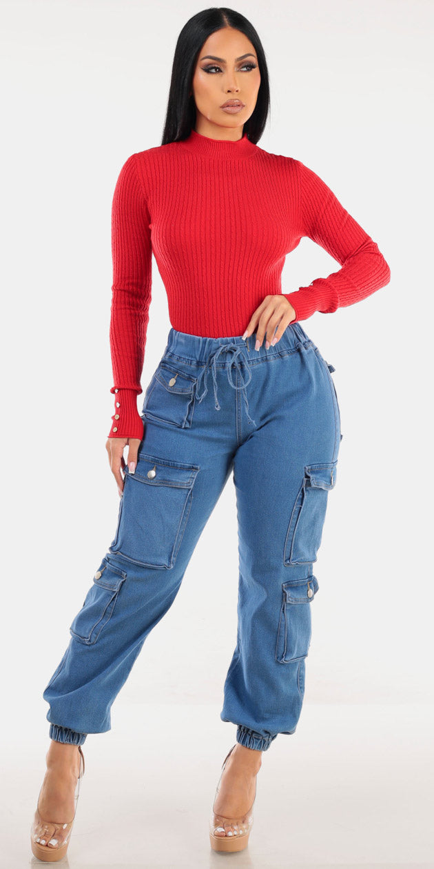 Fitted Red Cargo Denim Look