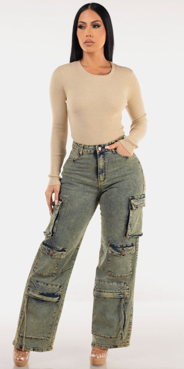 Beige Acid Wash Denim Combo