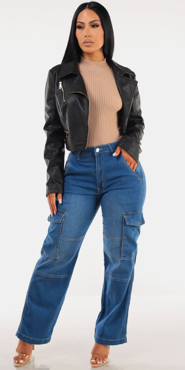 Black Pleather Cargo Denim Trio