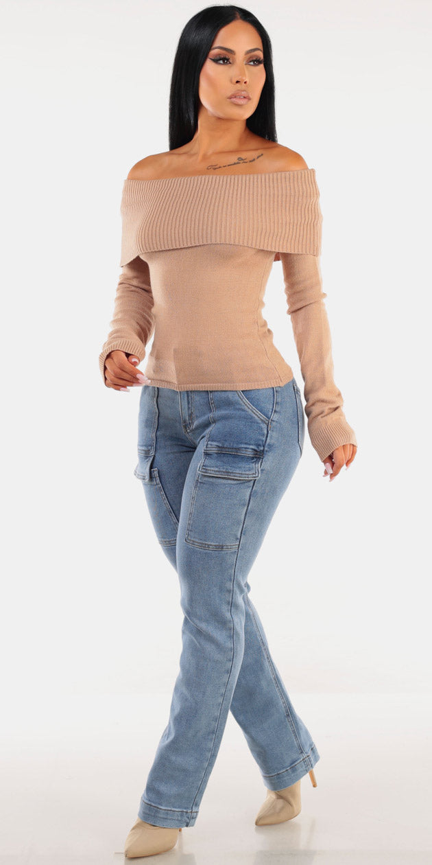 Off Shoulder Cargo Denim Set