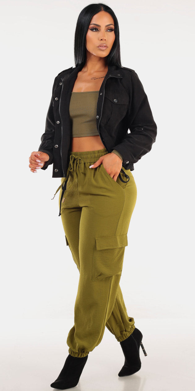 Zip Up Olive Cargo Joggers Trio