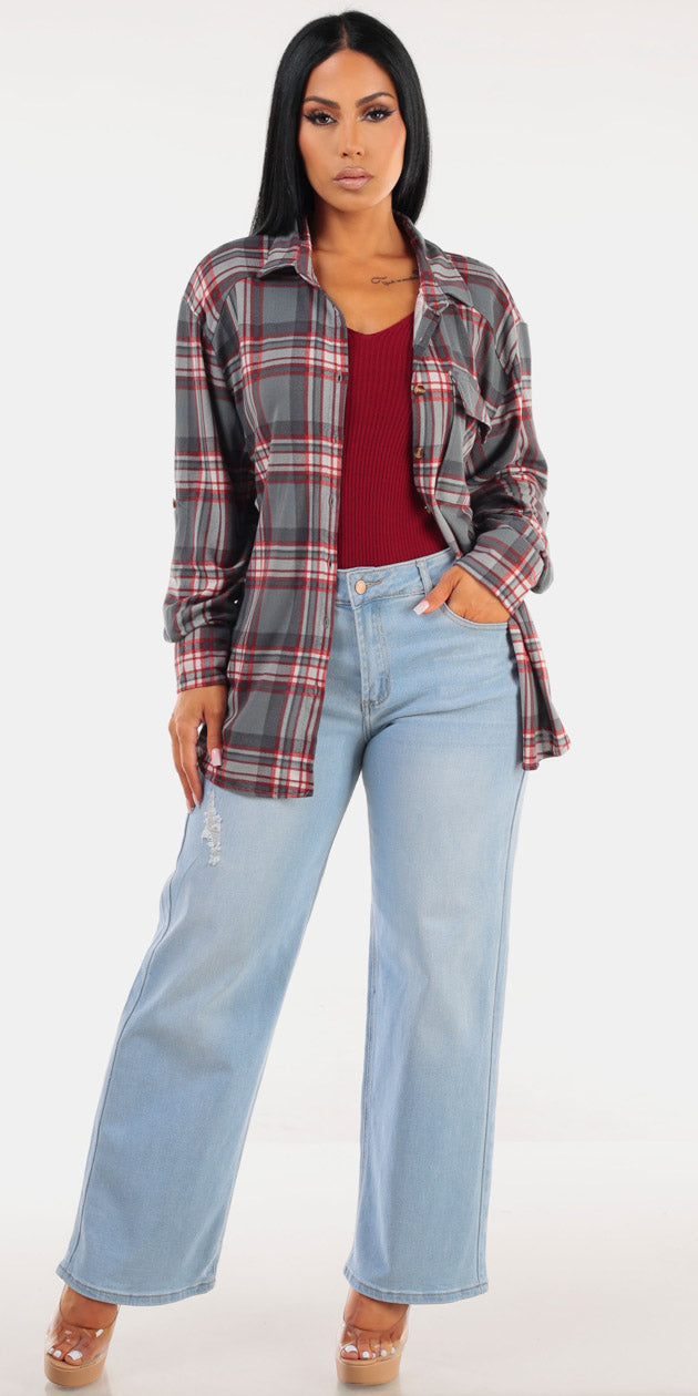 Plaid Vneck Wide Denim Trio