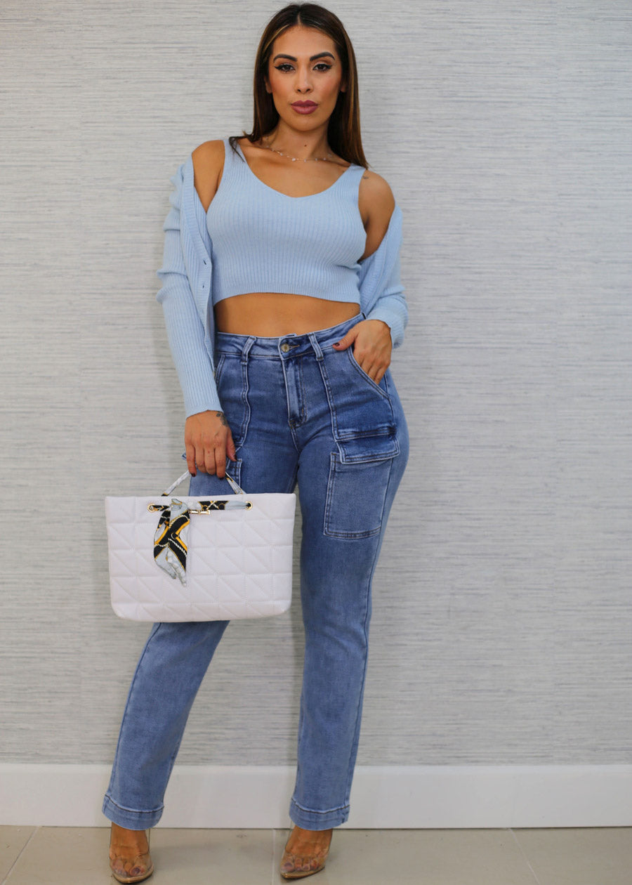 High Waist Straight Light Acid Wash Cargo Jeans