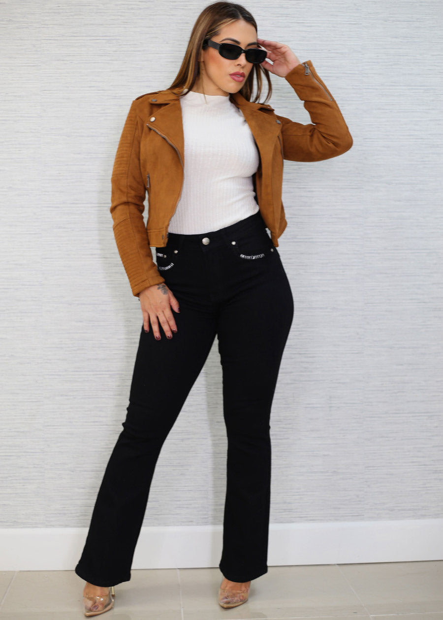 Long Sleeve Zip Up Suede Moto Jacket Camel