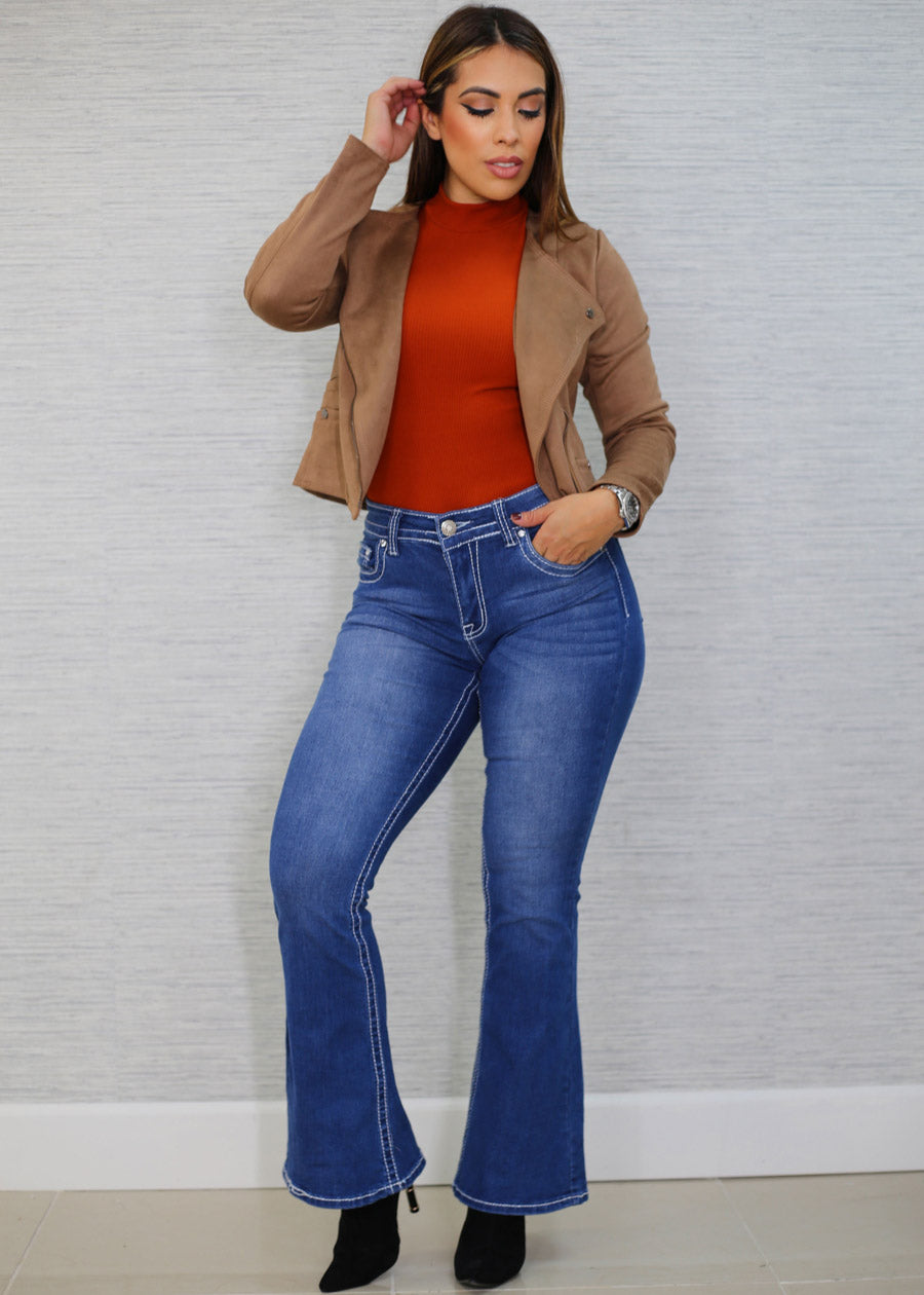 Long Sleeve Ribbed Mock Neck Bodysuit Rust