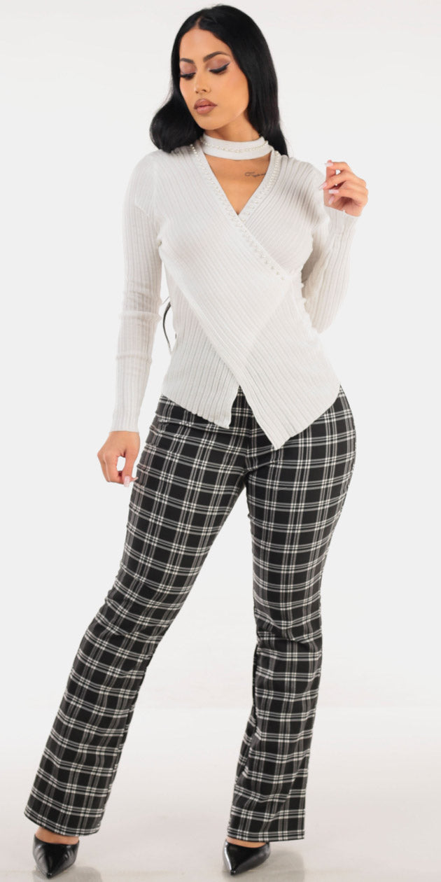 White Wrap Plaid Pants Look