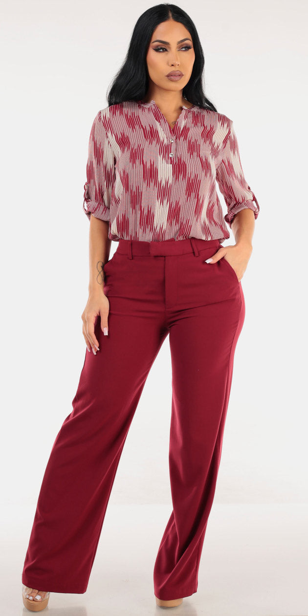 Printed Wine Dressy Pants Combo